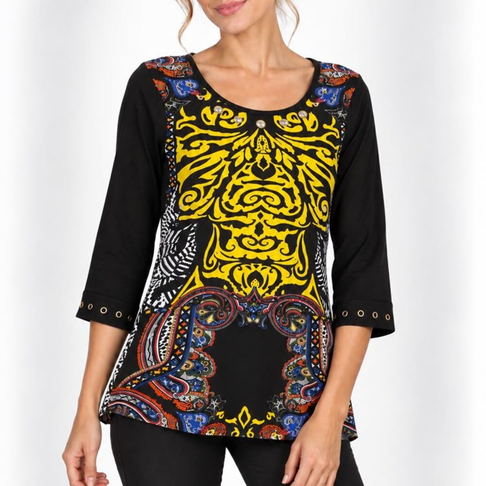 Calessa Women’s Medium Mixed Print Paisley Tunic Top Grommet Detail